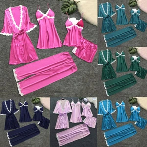 5PCS Women Sexy Satin Silk Sleepwear Nightwear Set Lace Gown Night Long Dressing - Picture 1 of 13