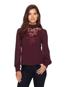 ASTR THE LABEL Women's Claire Embroidered Woven Blouse Wine Color Sz M Long Sl - Picture 1 of 10