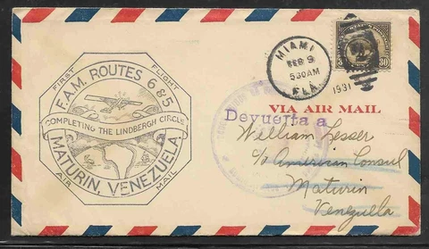 1931 FAM6-75 First Flight Cover Miami to Maturin Venezuela Cover
