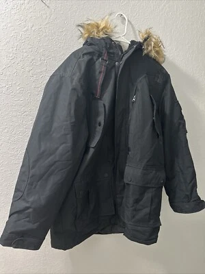 Rocawear 经典黑色 Puffer 夹克/外套 UNISEX 尺寸 2XL 皮草装饰帽 — 第 1/4 张图片