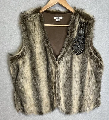 Chaleco peludo de piel sintética CATO gris marrón blanco con cuentas lentejuelas para mujer TALLA XL LEER Foto 1 de 4