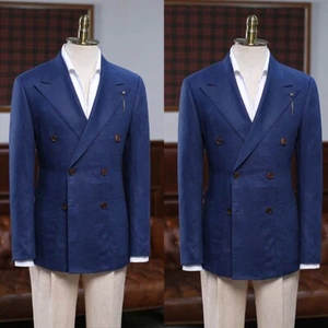 Blau Anzug Aus Leinenmischung Für Männer Zweireihige Jacke Sommer Formal Lässig - Bild 1 von 14