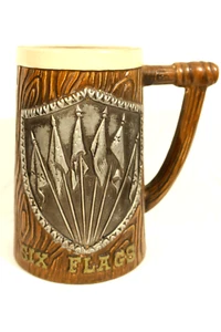 Six Flags Souvenir Cup Collectible Stein Mug Wood Design Vintage 6" - Picture 1 of 8