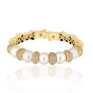Bvlgari 18K White Gold Diamond And Pearl Cuff Bangle Bracelet - Picture 1 of 5