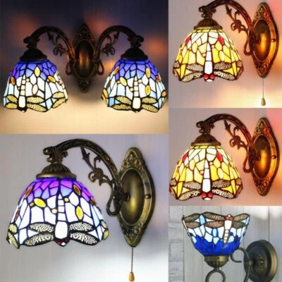 Tiffany Mediterranean Wall Lamp Sconce Dragonfly Singl Double Wall Light - Image 1 of 4