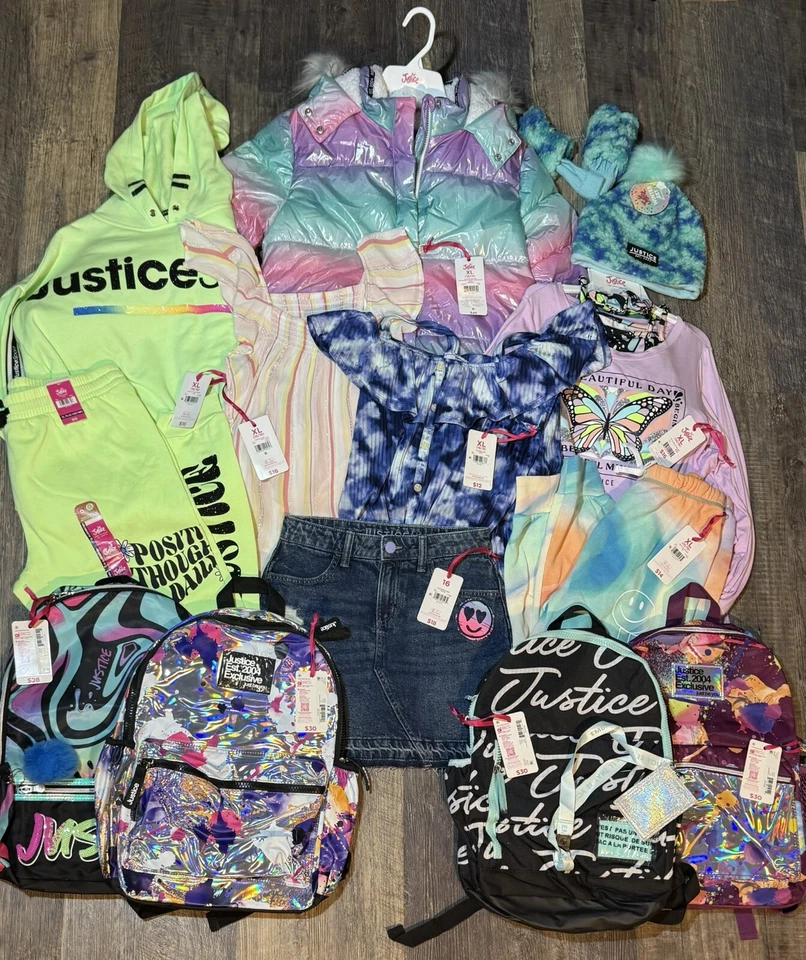 Pacote de roupas Justice GG calças camisas jaqueta acolchoada saia chapéu/luvas mochilas - Imagem 1 de 4