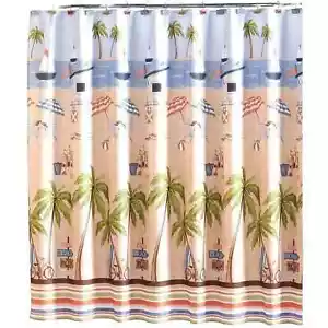 Catching Rays Beach Shower Curtain Tropical Ocean Sailboat Palm Trees Bath Decor - Picture 1 of 3