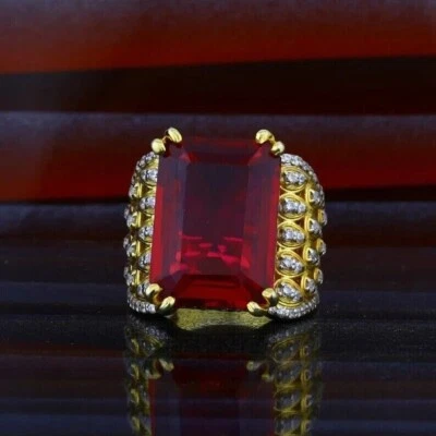 4 Ct Emerald Cut Lab Created Red Ruby Men's Wedding Ring 14K Yellow Gold Finish - Image 1 of 4