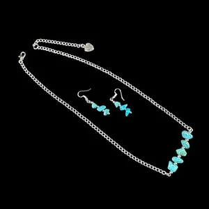 Avante Jewelry Necklace Earrings SET Turquoise Stone Chips Chain Silver Plated - Picture 1 of 7