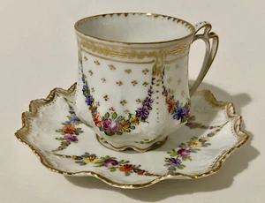 Antique Hirsch Dresden Demitasse Cup & Saucer, Garlands of Tiny Flowers - Picture 1 of 8