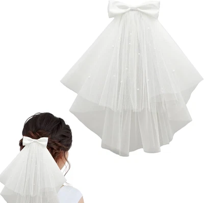 Brautschleier kurz Perlen Schleife Tüll Haarschmuck Junggesellenabschied - Bild 1 von 4