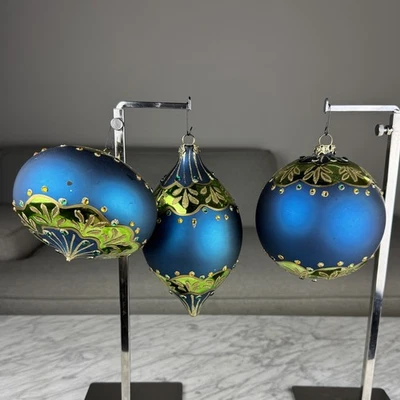 Juego de 3 grandes adornos navideños de vidrio fino brillante azul dorado 5/7" Katherine Foto 1 de 4