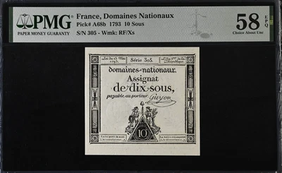 France, Domaines Nationaux Assignat, 10 Sous, May 23rd 1793, P-A68b, PMG 58 - Image 1 of 2