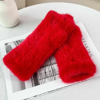 Women's Real Mink Fur Gloves Fingerless Knitted Elastic Wrist Mittens Sleeves - Image 1 of 4