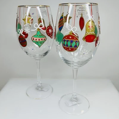 JUEGO DE 2 copas de vino de Navidad adornos campanas pintadas a mano con joyas navideñas Foto 1 de 4