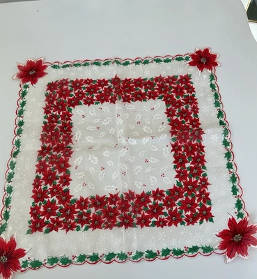 PAÑUELO VINTAGE HANKIE NAVIDAD FLORES DE PASCUA EN ESQUINAS 14" Foto 1 de 4