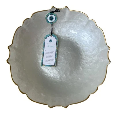 Akcam Pearl White Turkish Glass Bowl Scalloped Gold Edge 9.5" New  - Image 1 of 4