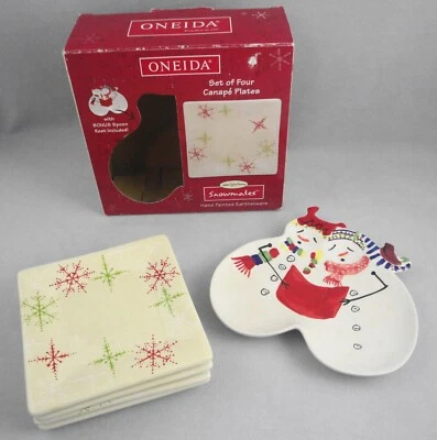 Oneida Snowmates Snowflake Canape Plates Snowman Spoon Rest Debbie Taylor Kerman - Image 1 of 4