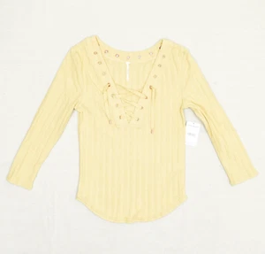 NEW Free People Women's Top 3/4 Sleeve V Neck Ribbed Cotton Beige Size L - Picture 1 of 8