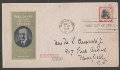 USA 1938 REGISTERED FIRST DAY COVER CALVIN COOLIDGE - Image 1 of 2