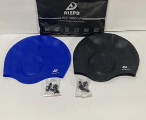 ALEPO Swim Cap 2 Pack (Black & Blue) With Nose And Ear Plugs - Picture 1 of 5
