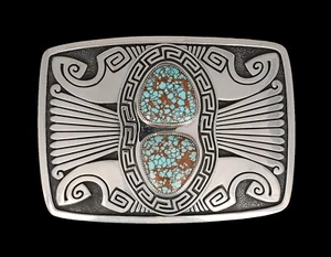 Natural #8 Turquoise 2-Stone Belt Buckle By Navajo Artist Julius Burbank - Picture 1 of 2