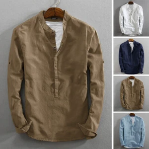 US STOCK Men's Long Sleeve 100%Cotton Solid Shirt Holiday Blouse Henley Tops - Picture 1 of 13