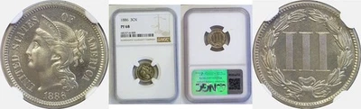 Монета номиналом 3 цента 1886 никель - NGC PF-68 - Изображение 1 из 3