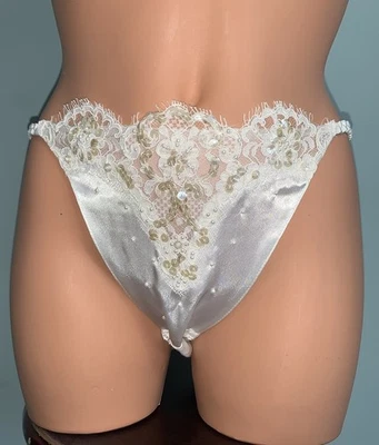 Victoria's Secret De Colección Años 90 Segunda Piel Nuevo Sin Etiquetas Lentejuelas Encaje Bikini Panty Nupcial L/7 Foto 1 de 4