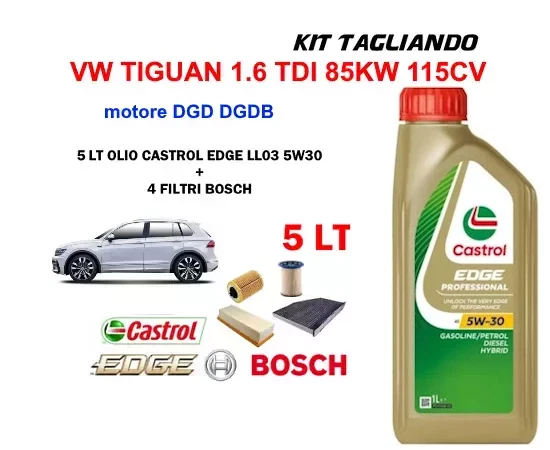KIT TAGLIANDO OLIO CASTROL EDGE 5W30 5LT 4 FILTRI BOSCH AUDI A3 1.9 TDI 77KW