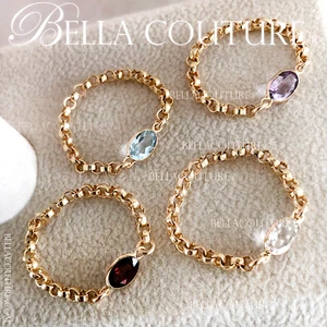 ANILLO CADENA ART DECO FACETADO DIAMANTE OVALADO ORO AMARILLO 14K AGUAMARINA NUEVO $395 RARO - Imagen 1 de 24