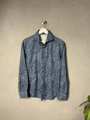 $980 Mens Brunello Cucinelli Paisley Linen LS Button Up Sport Shirt Navy Medium - Image 1 of 4