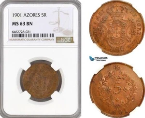 AH109, Portugal, Azores, Charles I, 5 Reis 1901, Lisbon Mint, NGC MS63BN - Picture 1 of 1