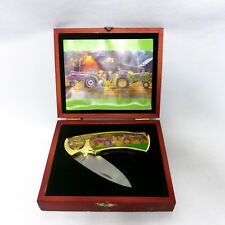 NOS – Vintage Gold-Tone Lock-Blade Pocket Knife w/ Farm Tractors in Wooden Case