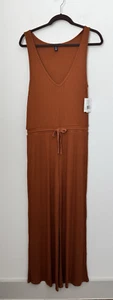 Beyond Yoga Women’s Jetsetter Jumpsuit Burnt Orange Ribbed Knit Wide Leg V Neck - Picture 1 of 17