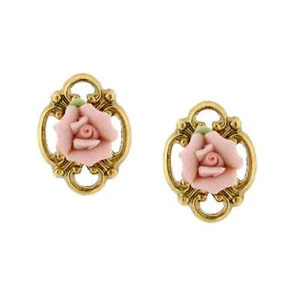 1928 Gold-Tone Pink Porcelain Rose Button Earrings - Picture 1 of 1