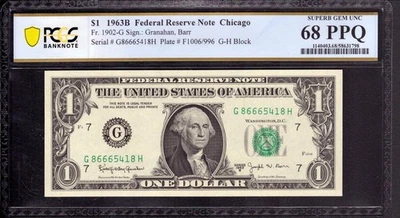 1963 B $1 FEDERAL RESERVE BARR NOTE CHICAGO FR.1902-G PCGS B SUPERB 68 PPQ - Image 1 of 2