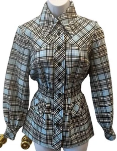 Vintage 1970s Bonwit Teller Groovy Plaid Blouse Point Collar Cinch Waist - Picture 1 of 12
