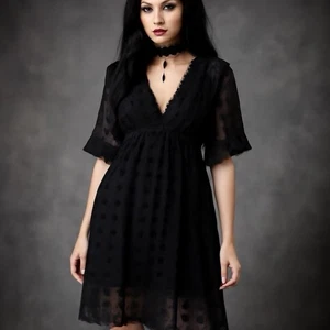 Womens Sheer Whimsigoth Dress Black Fairy Grunge Dark Romantic Swiss Dot - Picture 1 of 8