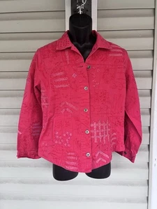 Chicos Sz 1 Jacket Pink Hues Embroidered Tone on Tone Button Up Denim 100%Cotton - Picture 1 of 15