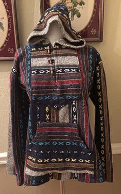 VTG India Woven Stripe X & O Baja Hoodie Pullover Wooden Barrel Buttons Pocket M - Image 1 of 4