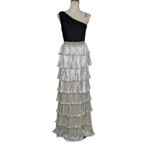 Ieena for Mac Duggal Tiered One Shoulder Sleeveless Gown Black and Silver Size 2 - Picture 1 of 22