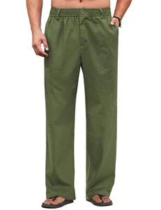 Men's Casual Linen Cotton Pants Elastic Waist Summer Beach Lightweight Trousers - Picture 1 of 5
