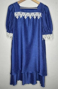 Vintage Womens Size 11/12 Blue Lace Pearl Tiered Hem Midi Dress Grandma - Picture 1 of 6