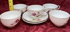 Vintage Porcelain Pink Victorian Moss Rose Teacup Gold Trim Lot of 5cups 2saucer - Picture 1 of 6