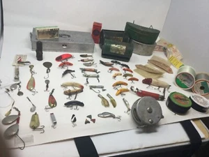  Lures,spoons,spinners,wood lures,line, bait boxes,reel 60 vintage  - Picture 1 of 10