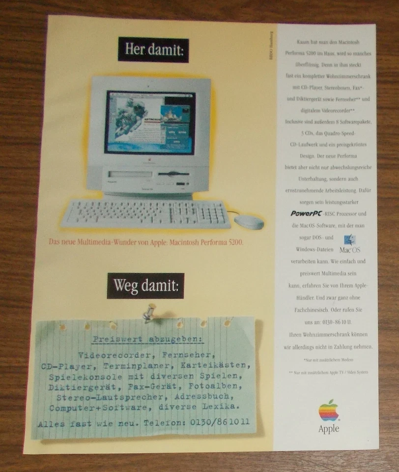 Seltene Werbung APPLE MACINTOSH PERFORMA 5200 - Das Multimedia-Wunder 1995 - Bild 1 von 1