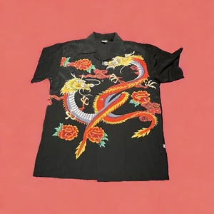 Silver Point Button Up Shirt Japanese Dragon Graphic Black Short Sleeve Sz XL - Picture 1 of 5