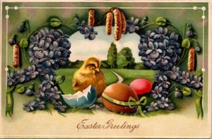 Postal saludos de Pascua huevos de pollito violetas en relieve - Imagen 1 de 2