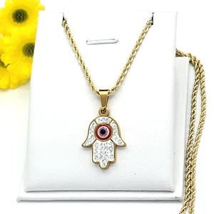 Stainless Steel Yellow Gold Plated Hamsa Fatima Hand Evil Eye Pendant & Chain - Picture 1 of 3